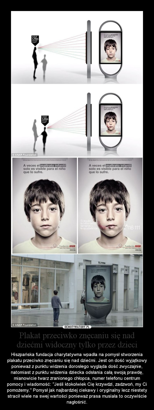 Plakat przeciwko znęcaniu się nad dziećmi widoczny tylko przez dzieci
