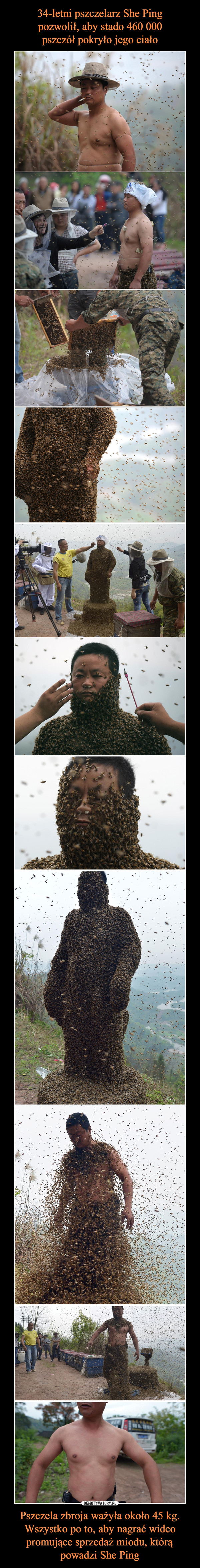 34-letni pszczelarz She Ping
pozwolił, aby stado 460 000
pszczół pokryło jego ciało Pszczela zbroja ważyła około 45 kg. Wszystko po to, aby nagrać wideo promujące sprzedaż miodu, którą powadzi She Ping