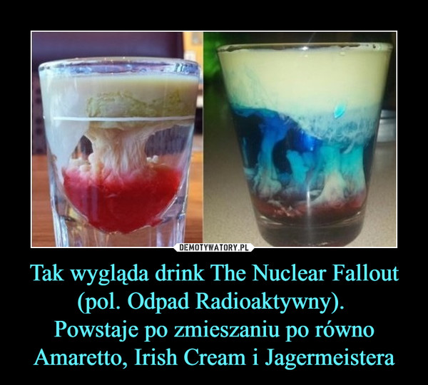 Tak wygląda drink The Nuclear Fallout (pol. Odpad Radioaktywny). Powstaje po zmieszaniu po równo Amaretto, Irish Cream i Jagermeistera –  