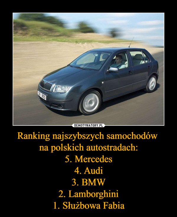 Ranking najszybszych samochodów 
na polskich autostradach:
5. Mercedes
4. Audi
3. BMW
2. Lamborghini
1. Służbowa Fabia