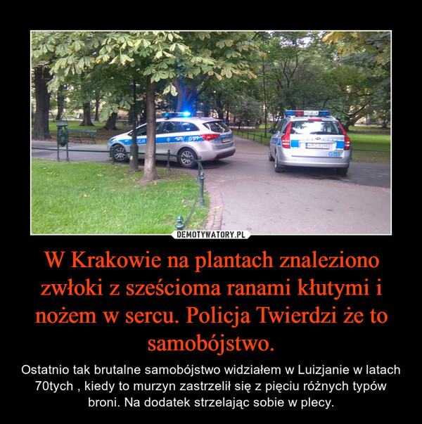 W Krakowie na plantach znaleziono zwłoki z sześcioma ranami kłutymi i nożem w sercu. Policja Twierdzi że to samobójstwo.