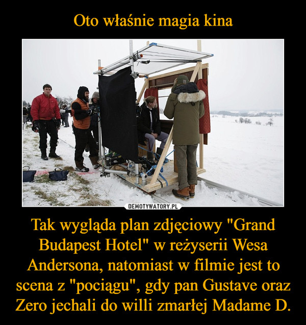 Oto właśnie magia kina Tak wygląda plan zdjęciowy "Grand Budapest Hotel" w reżyserii Wesa Andersona, natomiast w filmie jest to scena z "pociągu", gdy pan Gustave oraz Zero jechali do willi zmarłej Madame D.