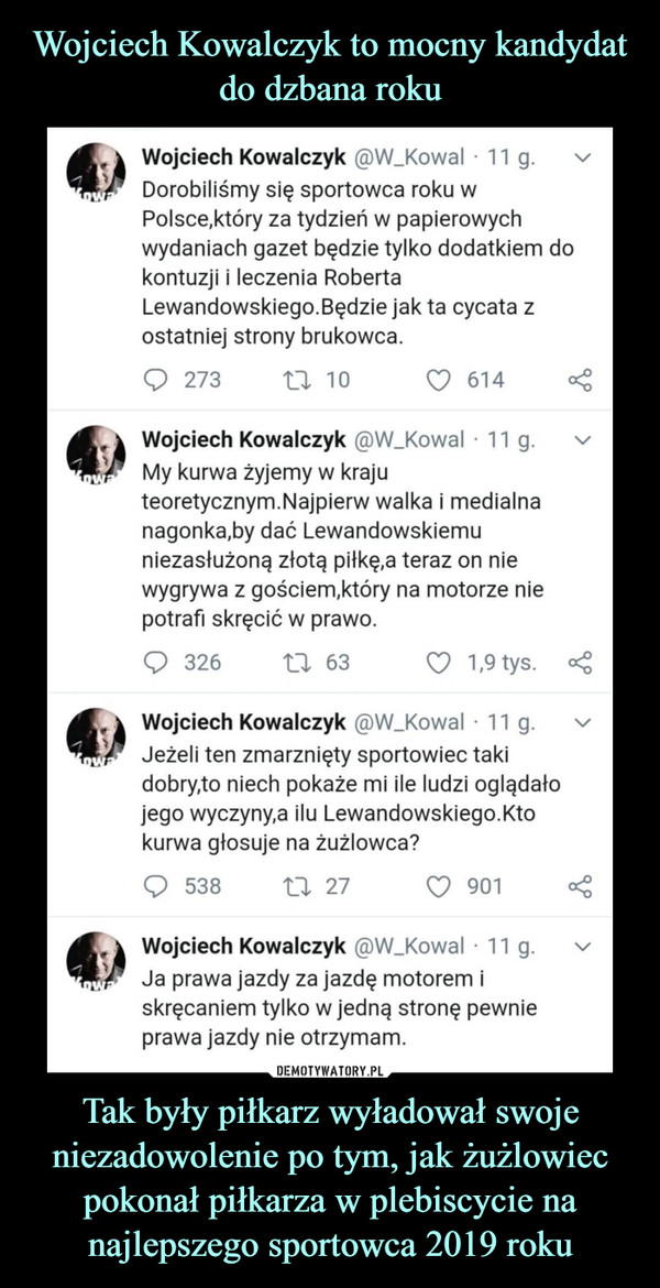 Wojciech Kowalczyk to mocny kandydat do dzbana roku Tak były piłkarz wyładował swoje niezadowolenie po tym, jak żużlowiec pokonał piłkarza w plebiscycie na najlepszego sportowca 2019 roku