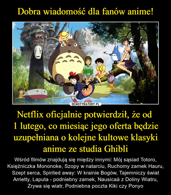 Netflix oficjalnie potwierdził, że od 1 lutego, co miesiąc jego oferta będzie uzupełniana o kolejne kultowe klasyki anime ze studia Ghibli – Wśród filmów znajdują się między innymi: Mój sąsiad Totoro, Księżniczka Mononoke, Szopy w natarciu, Ruchomy zamek Hauru, Szept serca, Spirited away: W krainie Bogów, Tajemniczy świat Arrietty, Laputa - podniebny zamek, Nausicaä z Doliny Wiatru, Zrywa się wiatr, Podniebna poczta Kiki czy Ponyo 