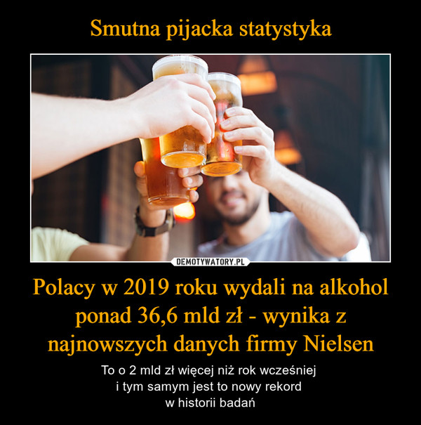 Polacy w 2019 roku wydali na alkohol ponad 36,6 mld zł - wynika z najnowszych danych firmy Nielsen – To o 2 mld zł więcej niż rok wcześniej i tym samym jest to nowy rekord w historii badań 