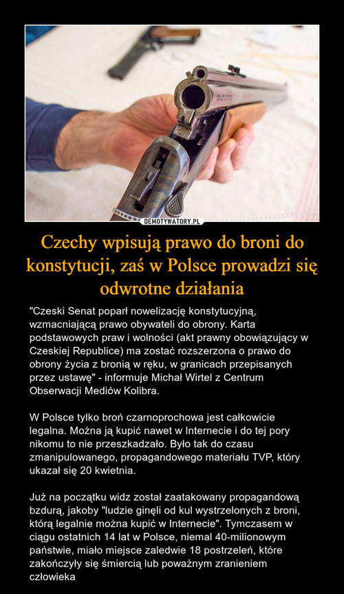 Czechy wpisują prawo do broni do konstytucji, zaś w Polsce prowadzi się odwrotne działania