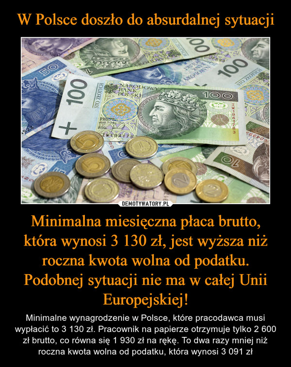 W Polsce doszło do absurdalnej sytuacji Minimalna miesięczna płaca brutto, która wynosi 3 130 zł, jest wyższa niż roczna kwota wolna od podatku. Podobnej sytuacji nie ma w całej Unii Europejskiej!