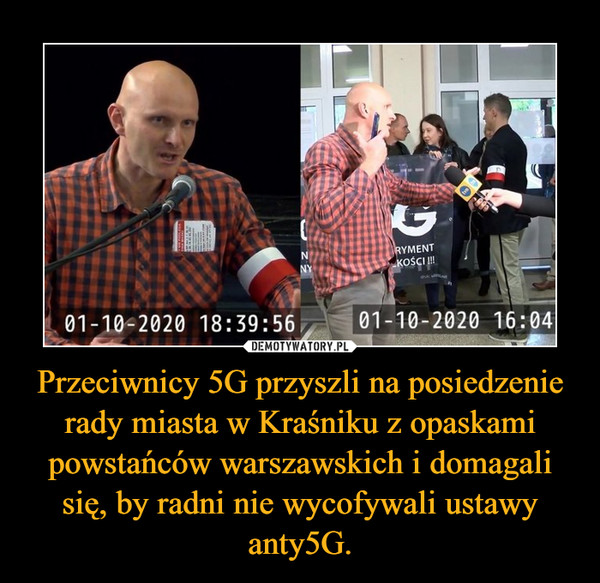 Przeciwnicy 5G przyszli na posiedzenie rady miasta w Kraśniku z opaskami powstańców warszawskich i domagali się, by radni nie wycofywali ustawy anty5G.
