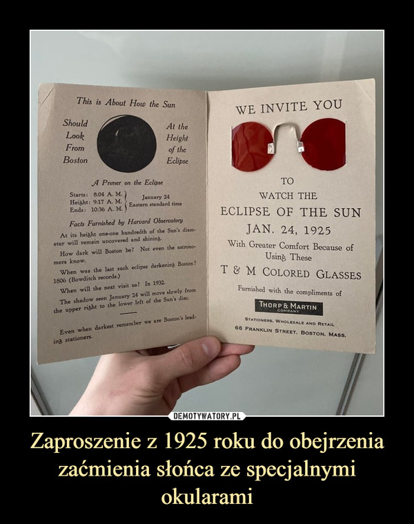 Zaproszenie z 1925 roku do obejrzenia zaćmienia słońca ze specjalnymi okularami –  