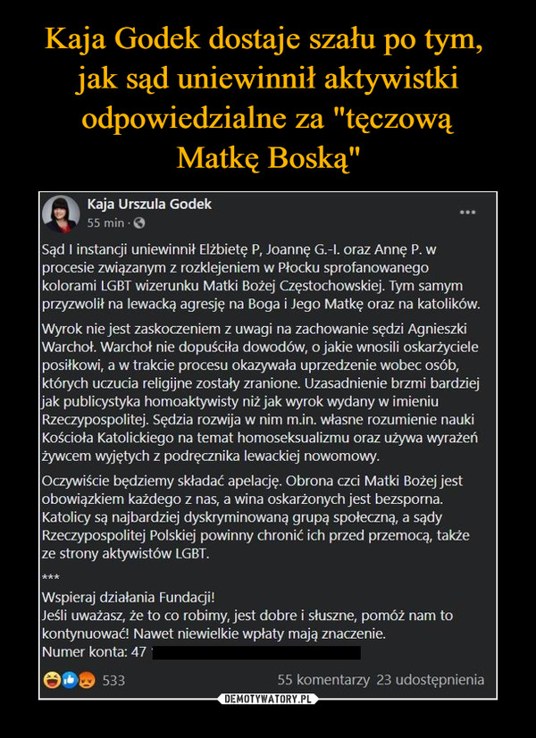 Kaja Godek dostaje szału po tym, 
jak sąd uniewinnił aktywistki odpowiedzialne za "tęczową
Matkę Boską"