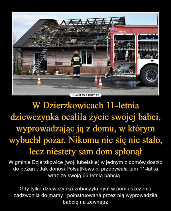 W Dzierzkowicach 11-letnia dziewczynka ocaliła życie swojej babci, wyprowadzając ją z domu, w którym wybuchł pożar. Nikomu nic się nie stało, lecz niestety sam dom spłonął – W gminie Dzierzkowice (woj. lubelskie) w jednym z domów doszło do pożaru. Jak donosi PolsatNews.pl przebywała tam 11-latka wraz ze swoją 66-letnią babcią. Gdy tylko dziewczynka zobaczyła dym w pomieszczeniu zadzwoniła do mamy i poinstruowana przez nią wyprowadziła babcię na zewnątrz 