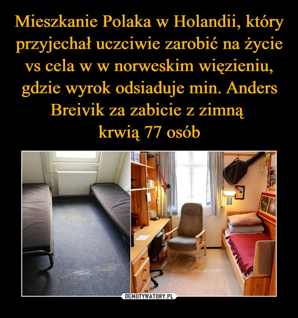 Mieszkanie Polaka w Holandii, który przyjechał uczciwie zarobić na życie vs cela w w norweskim więzieniu, gdzie wyrok odsiaduje min. Anders Breivik za zabicie z zimną 
krwią 77 osób