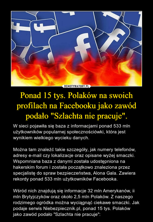 Ponad 15 tys. Polaków na swoich profilach na Facebooku jako zawód podało "Szlachta nie pracuje".