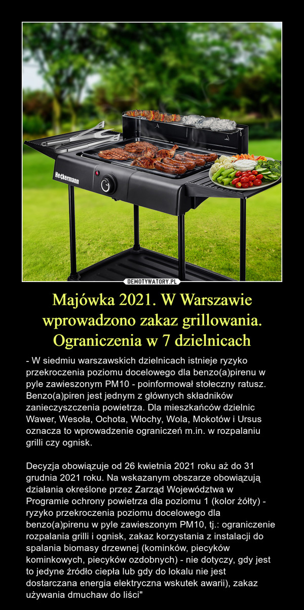 Majówka 2021. W Warszawie wprowadzono zakaz grillowania. Ograniczenia w 7 dzielnicach