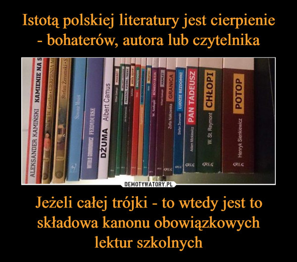 Istotą polskiej literatury jest cierpienie
- bohaterów, autora lub czytelnika Jeżeli całej trójki - to wtedy jest to składowa kanonu obowiązkowych
lektur szkolnych