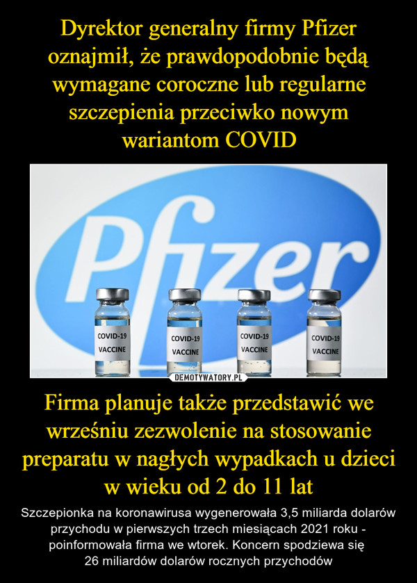Dyrektor generalny firmy Pfizer oznajmił, że prawdopodobnie będą wymagane coroczne lub regularne szczepienia przeciwko nowym wariantom COVID Firma planuje także przedstawić we wrześniu zezwolenie na stosowanie preparatu w nagłych wypadkach u dzieci w wieku od 2 do 11 lat
