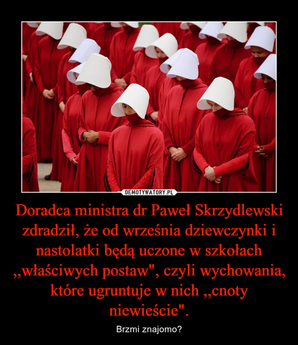 Doradca ministra dr Paweł Skrzydlewski zdradził, że od września dziewczynki i nastolatki będą uczone w szkołach ,,właściwych postaw", czyli wychowania, które ugruntuje w nich ,,cnoty niewieście". – Brzmi znajomo? 