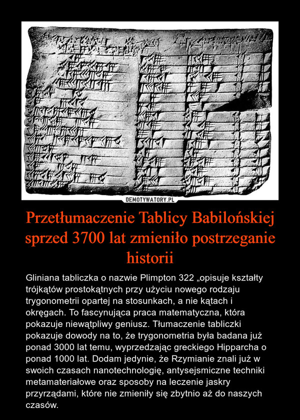 Przetłumaczenie Tablicy Babilońskiej sprzed 3700 lat zmieniło postrzeganie historii – Gliniana tabliczka o nazwie Plimpton 322 „opisuje kształty trójkątów prostokątnych przy użyciu nowego rodzaju trygonometrii opartej na stosunkach, a nie kątach i okręgach. To fascynująca praca matematyczna, która pokazuje niewątpliwy geniusz. Tłumaczenie tabliczki pokazuje dowody na to, że trygonometria była badana już ponad 3000 lat temu, wyprzedzając greckiego Hipparcha o ponad 1000 lat. Dodam jedynie, że Rzymianie znali już w swoich czasach nanotechnologię, antysejsmiczne techniki metamateriałowe oraz sposoby na leczenie jaskry przyrządami, które nie zmieniły się zbytnio aż do naszych czasów. 