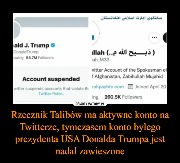Rzecznik Talibów ma aktywne konto na Twitterze, tymczasem konto byłego prezydenta USA Donalda Trumpa jest nadal zawieszone –  