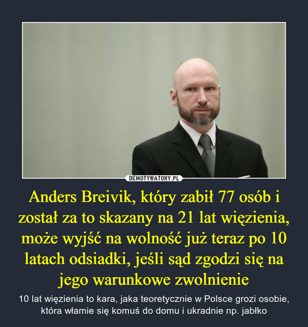 Anders Breivik, który zabił 77 osób i został za to skazany na 21 lat więzienia, może wyjść na wolność już teraz po 10 latach odsiadki, jeśli sąd zgodzi się na jego warunkowe zwolnienie