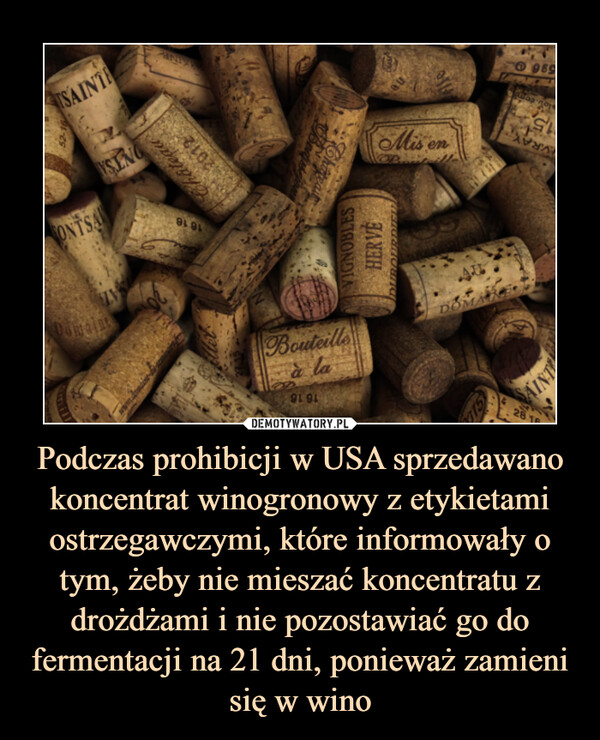 Podczas prohibicji w USA sprzedawano koncentrat winogronowy z etykietami ostrzegawczymi, które informowały o tym, żeby nie mieszać koncentratu z drożdżami i nie pozostawiać go do fermentacji na 21 dni, ponieważ zamieni się w wino –  
