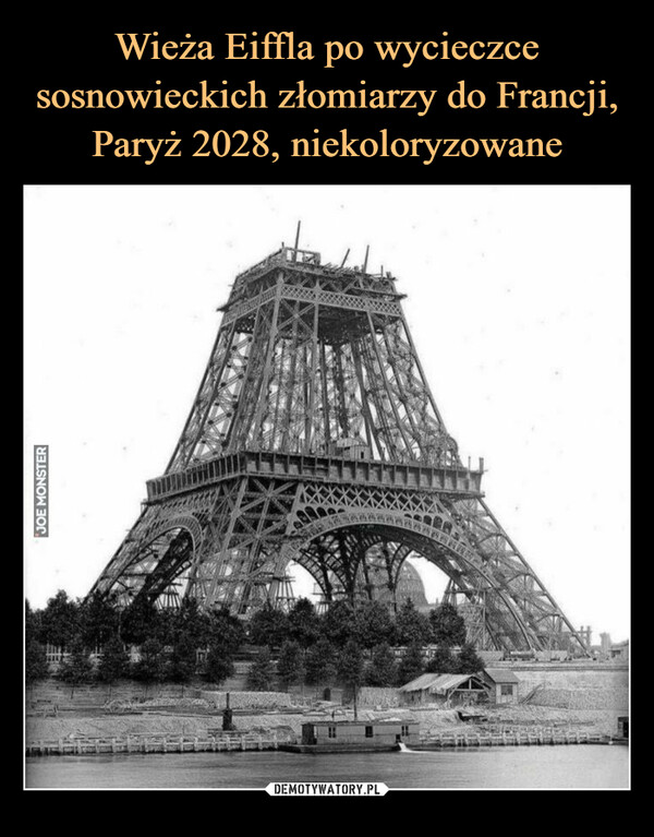 Wieża Eiffla po wycieczce sosnowieckich złomiarzy do Francji, Paryż 2028, niekoloryzowane
