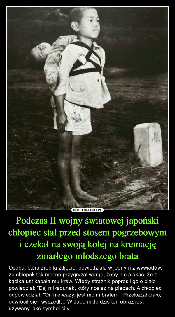 Podczas II wojny światowej japoński chłopiec stał przed stosem pogrzebowym i czekał na swoją kolej na kremację zmarłego młodszego brata – Osoba, która zrobiła zdjęcie, powiedziała w jednym z wywiadów, że chłopak tak mocno przygryzał wargę, żeby nie płakać, że z kącika ust kapała mu krew. Wtedy strażnik poprosił go o ciało i powiedział: "Daj mi ładunek, który nosisz na plecach. A chłopiec odpowiedział: "On nie waży, jest moim bratem". Przekazał ciało, odwrócił się i wyszedł… W Japonii do dziś ten obraz jest używany jako symbol siły 