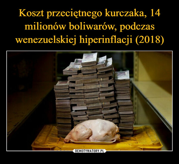 Koszt przeciętnego kurczaka, 14 milionów boliwarów, podczas wenezuelskiej hiperinflacji (2018)