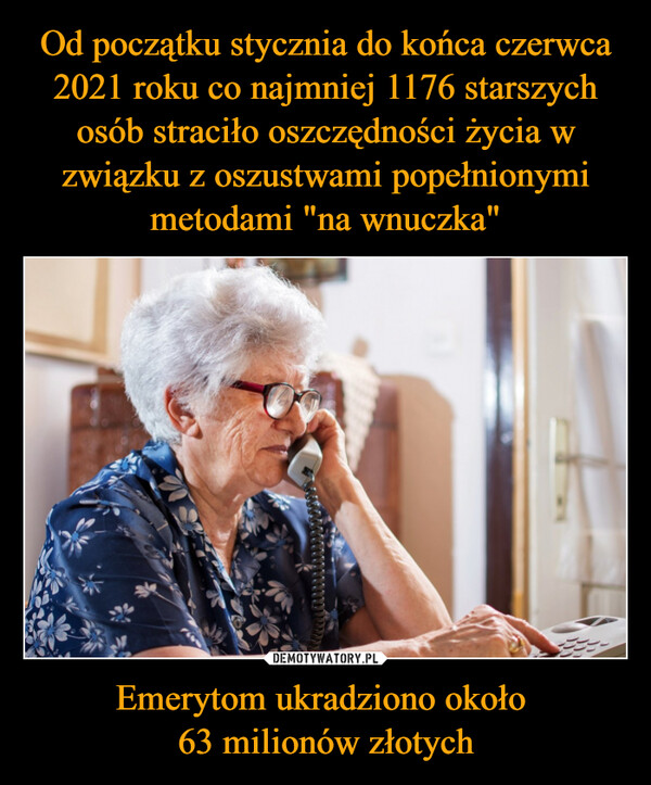 Od początku stycznia do końca czerwca 2021 roku co najmniej 1176 starszych osób straciło oszczędności życia w związku z oszustwami popełnionymi metodami "na wnuczka" Emerytom ukradziono około 
63 milionów złotych