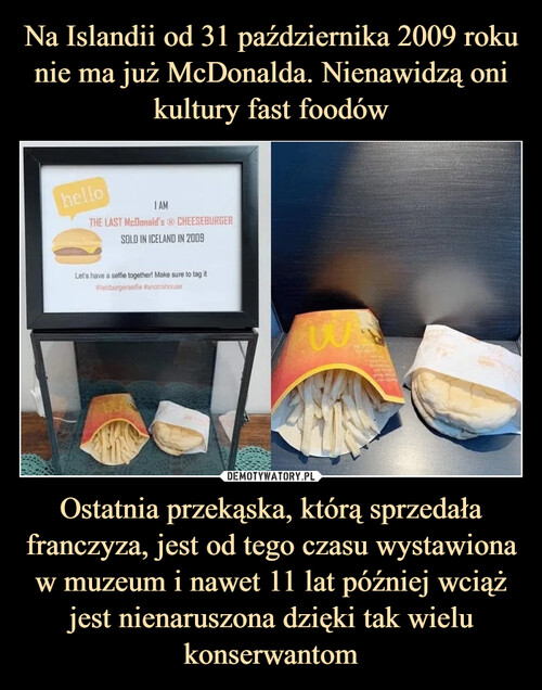 Na Islandii od 31 października 2009 roku nie ma już McDonalda. Nienawidzą oni kultury fast foodów Ostatnia przekąska, którą sprzedała franczyza, jest od tego czasu wystawiona w muzeum i nawet 11 lat później wciąż jest nienaruszona dzięki tak wielu konserwantom