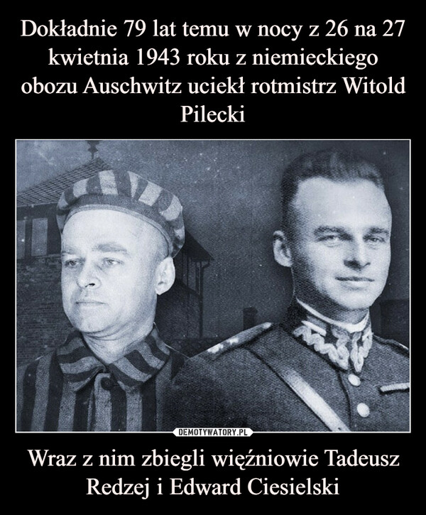 Dokładnie 79 lat temu w nocy z 26 na 27 kwietnia 1943 roku z niemieckiego obozu Auschwitz uciekł rotmistrz Witold Pilecki Wraz z nim zbiegli więźniowie Tadeusz Redzej i Edward Ciesielski