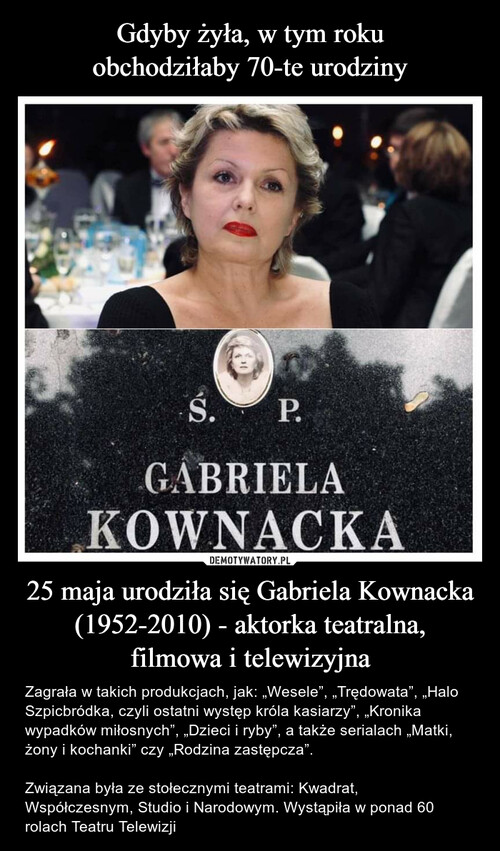 Gdyby żyła, w tym roku
obchodziłaby 70-te urodziny 25 maja urodziła się Gabriela Kownacka (1952-2010) - aktorka teatralna,
filmowa i telewizyjna