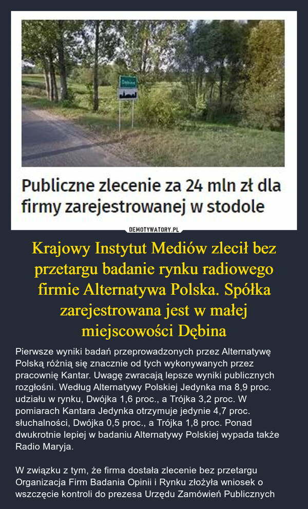 Krajowy Instytut Mediów zlecił bez przetargu badanie rynku radiowego firmie Alternatywa Polska. Spółka zarejestrowana jest w małej miejscowości Dębina