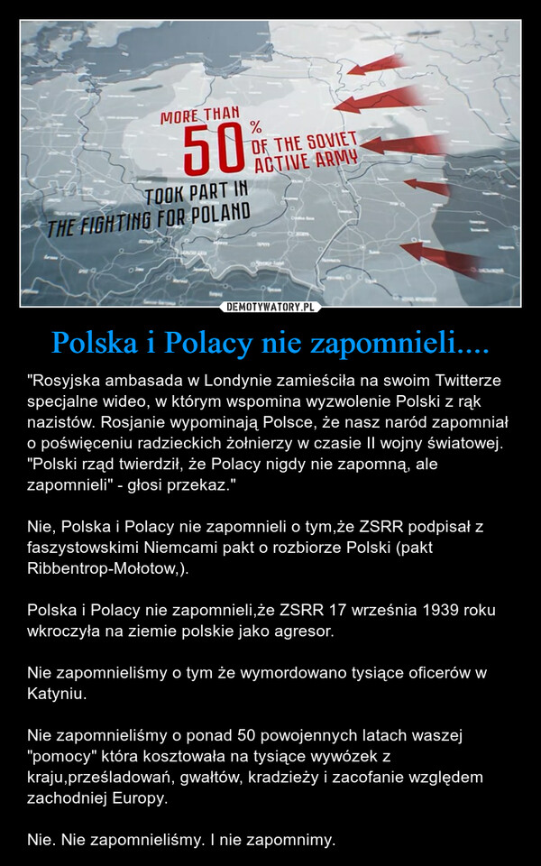 Polska i Polacy nie zapomnieli.... – "Rosyjska ambasada w Londynie zamieściła na swoim Twitterze specjalne wideo, w którym wspomina wyzwolenie Polski z rąk nazistów. Rosjanie wypominają Polsce, że nasz naród zapomniał o poświęceniu radzieckich żołnierzy w czasie II wojny światowej. "Polski rząd twierdził, że Polacy nigdy nie zapomną, ale zapomnieli" - głosi przekaz."Nie, Polska i Polacy nie zapomnieli o tym,że ZSRR podpisał z faszystowskimi Niemcami pakt o rozbiorze Polski (pakt Ribbentrop-Mołotow,).Polska i Polacy nie zapomnieli,że ZSRR 17 września 1939 roku wkroczyła na ziemie polskie jako agresor.Nie zapomnieliśmy o tym że wymordowano tysiące oficerów w Katyniu.Nie zapomnieliśmy o ponad 50 powojennych latach waszej "pomocy" która kosztowała na tysiące wywózek z kraju,prześladowań, gwałtów, kradzieży i zacofanie względem zachodniej Europy.Nie. Nie zapomnieliśmy. I nie zapomnimy. 