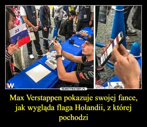 Max Verstappen pokazuje swojej fance, jak wygląda flaga Holandii, z której pochodzi –  