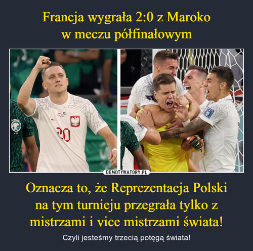 Francja wygrała 2:0 z Maroko
w meczu półfinałowym Oznacza to, że Reprezentacja Polski
na tym turnieju przegrała tylko z mistrzami i vice mistrzami świata!
