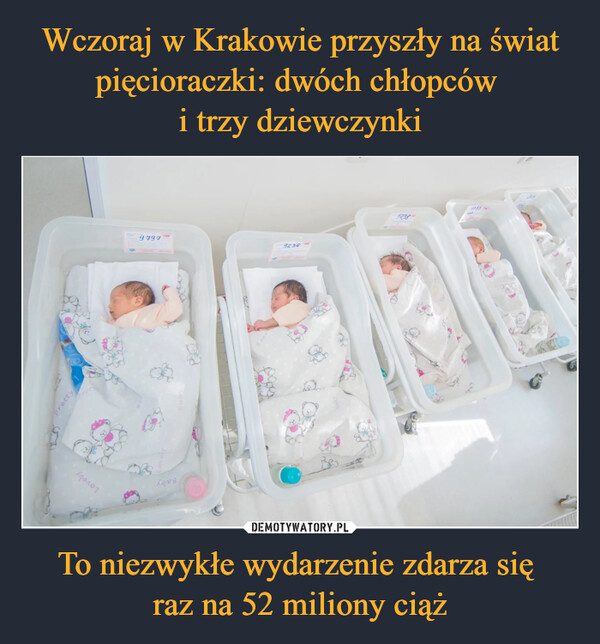 Wczoraj w Krakowie przyszły na świat pięcioraczki: dwóch chłopców 
i trzy dziewczynki To niezwykłe wydarzenie zdarza się 
raz na 52 miliony ciąż