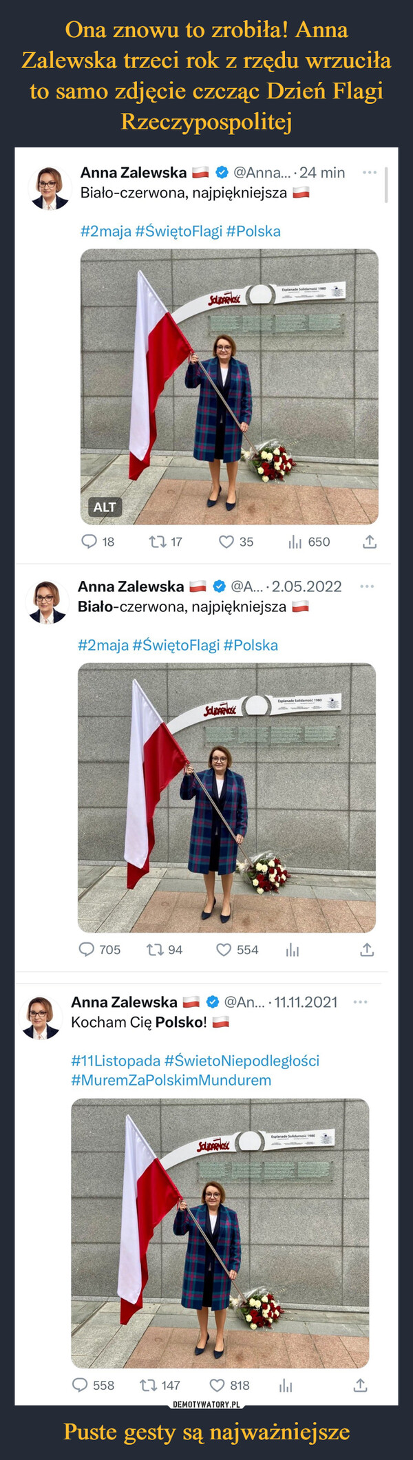 Ona znowu to zrobiła! Anna Zalewska trzeci rok z rzędu wrzuciła to samo zdjęcie czcząc Dzień Flagi Rzeczypospolitej Puste gesty są najważniejsze