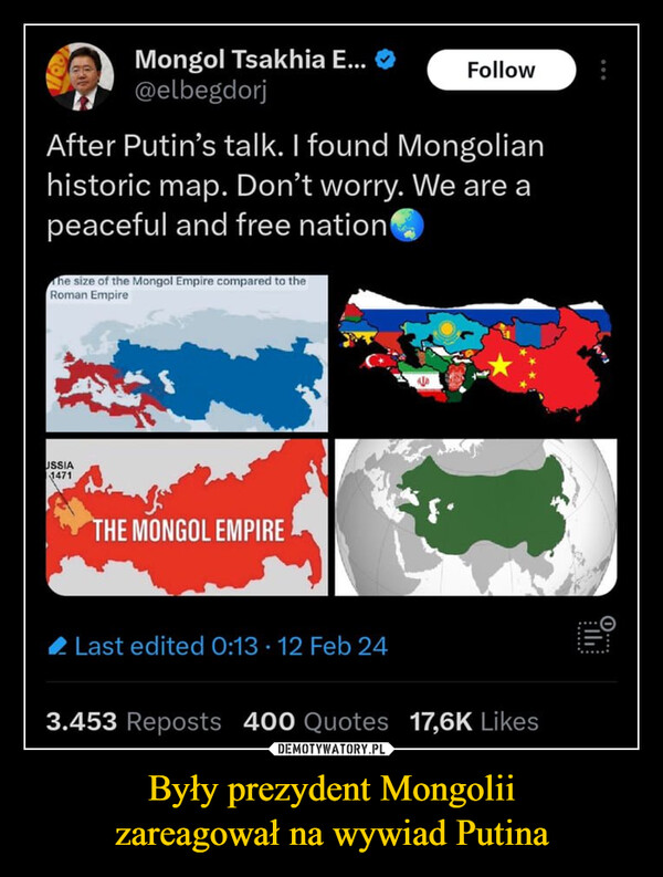 Były prezydent Mongolii
zareagował na wywiad Putina