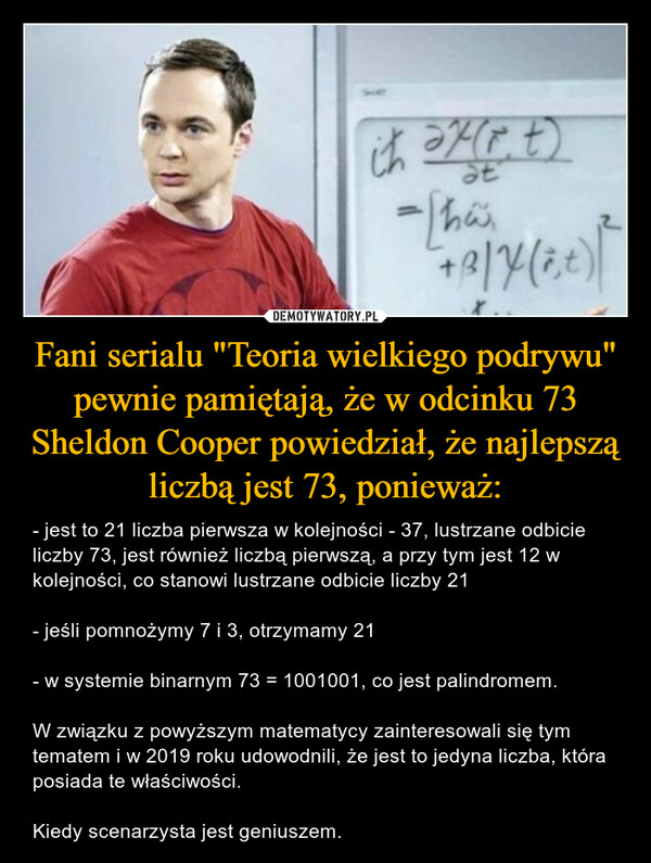 Fani serialu "Teoria wielkiego podrywu" pewnie pamiętają, że w odcinku 73 Sheldon Cooper powiedział, że najlepszą liczbą jest 73, ponieważ: – - jest to 21 liczba pierwsza w kolejności - 37, lustrzane odbicie liczby 73, jest również liczbą pierwszą, a przy tym jest 12 w kolejności, co stanowi lustrzane odbicie liczby 21- jeśli pomnożymy 7 i 3, otrzymamy 21- w systemie binarnym 73 = 1001001, co jest palindromem.W związku z powyższym matematycy zainteresowali się tym tematem i w 2019 roku udowodnili, że jest to jedyna liczba, która posiada te właściwości.Kiedy scenarzysta jest geniuszem. it ax(++)at-[ha+ 3/4 (8+)/2