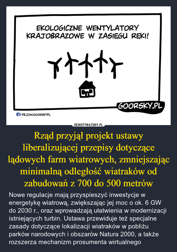 Rząd przyjął projekt ustawy liberalizującej przepisy dotyczące lądowych farm wiatrowych, zmniejszając minimalną odległość wiatraków od zabudowań z 700 do 500 metrów – Nowe regulacje mają przyspieszyć inwestycje w energetykę wiatrową, zwiększając jej moc o ok. 6 GW do 2030 r., oraz wprowadzają ułatwienia w modernizacji istniejących turbin. Ustawa przewiduje też specjalne zasady dotyczące lokalizacji wiatraków w pobliżu parków narodowych i obszarów Natura 2000, a także rozszerza mechanizm prosumenta wirtualnego EKOLOGICZNE WENTYLATORYKRAJOBRAZOWE W ZASIĘGU RĘKI!xxxtrOnFB.COM/GOORSKYPLGOORSKY.PL